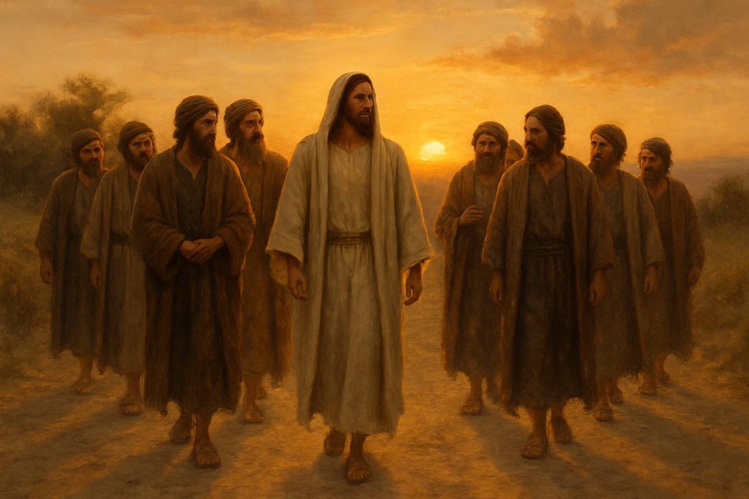 Jesus caminhando com discípulos